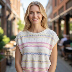 Vintage 80's White/Pastel Stripe Pointelle Cotton Sweater Size XL CottageCore